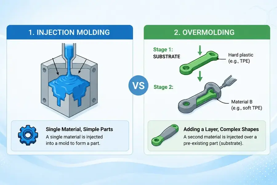 Conventional Injection Molding vs. Overmolding Process Comparison