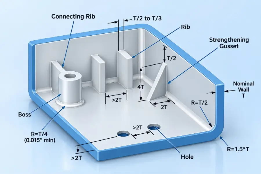 Reference Diagram for Rib and Boss Design in Plastic Parts